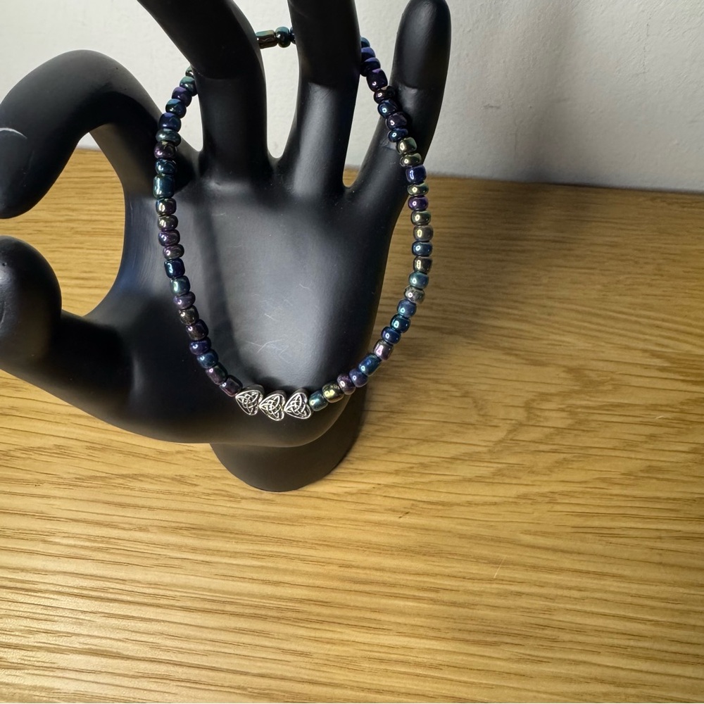 Glass Beaded Elastic Bracelet Multiple Colors Metal Antique Silver Plated Heart
